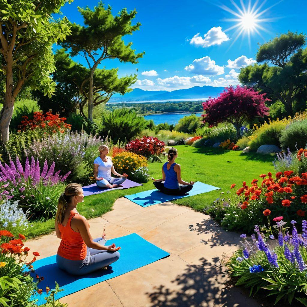 A serene landscape featuring a vibrant garden with medicinal herbs and colorful flowers, alongside a diverse group of people engaged in yoga and meditation under a bright blue sky. Include symbols of wellness such as fresh fruits, a sun shining down, and gentle streams flowing through the scene, embodying the essence of holistic living. A balance of nature and community spirit. super-realistic. vibrant colors. nature background.