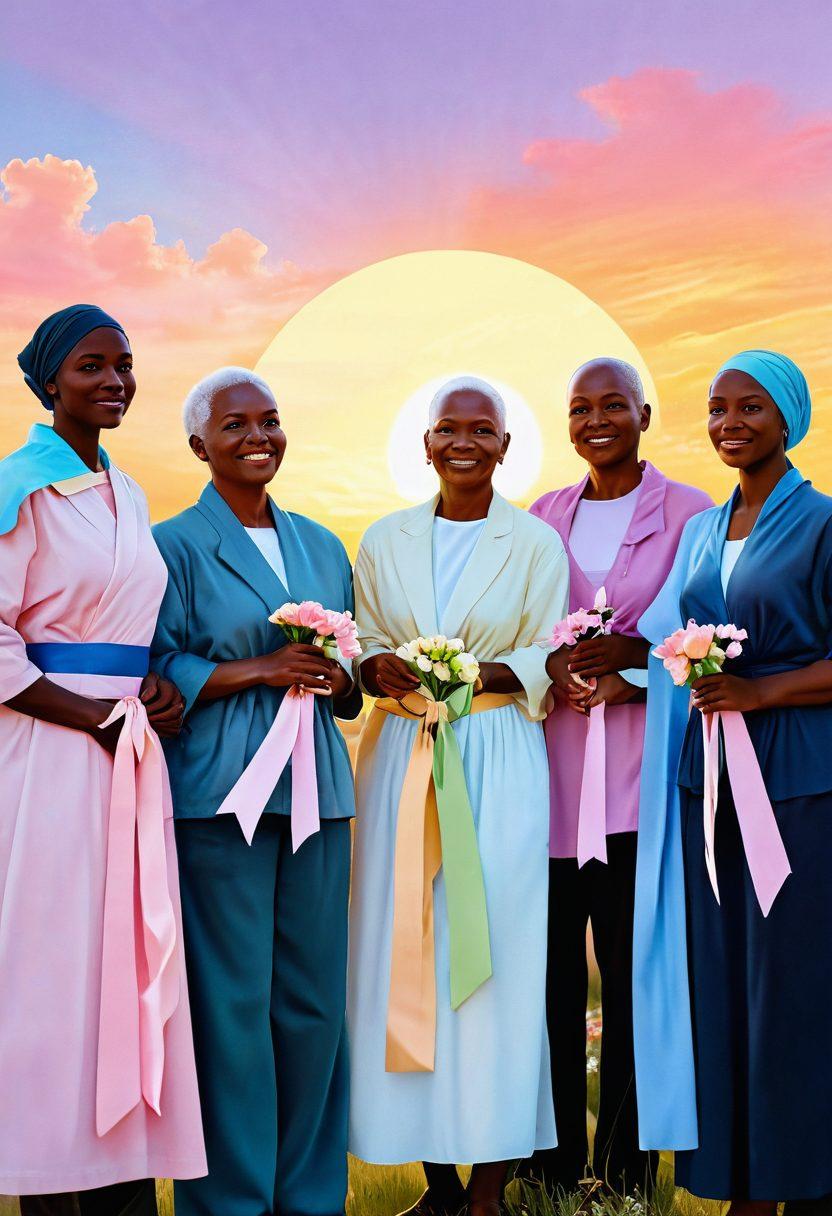 A hopeful scene depicting a diverse group of cancer survivors standing together, each holding a symbol of their journey, such as a ribbon or a flower. The background features a sunrise, symbolizing hope and new beginnings, while soft pastel colors create a calming atmosphere. Include elements that represent awareness, like informative banners or light rays illuminating the figures. The overall tone should be uplifting and inspiring. super-realistic. vibrant colors.