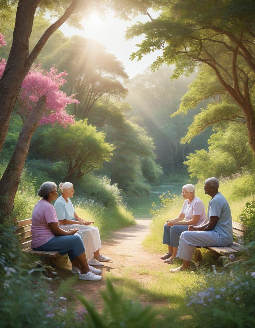 A serene and hopeful scene depicting a diverse group of cancer patients in a supportive environment, surrounded by lush greenery and warm sunlight. Each individual is engaged with essential resources, such as informational brochures, exercise equipment, and wellness options. The atmosphere exudes positivity and empowerment, symbolizing treatment journeys and resilience. Incorporate soft pastel colors to evoke calmness and hope. super-realistic. vibrant colors. nature background.